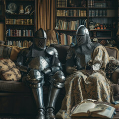 Medieval couple in armor relaxes on a couch in a cozy library setting