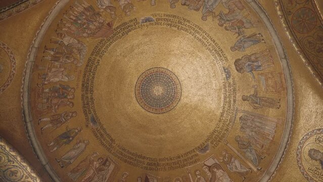 Venice, Italy - The interior details, dome and mosaic art paintings inside The Patriarchal Cathedral Basilica of Saint Mark, commonly known as St Mark's Basilica, Venice.