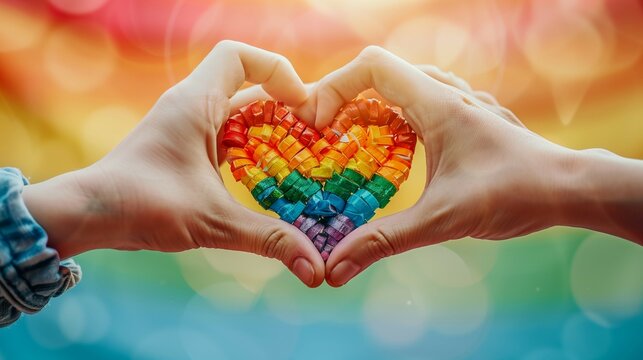 Hands form a heart shape with colorful candy cubes,pride month concept,copy space,web banner.