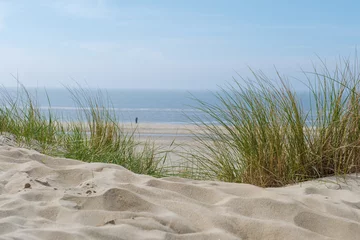 Fotobehang Duinen A serene sand beach adorned with patches of grass and gentle sand dunes bathed in the soft light of the sun, creating a peaceful and tranquil scene.  © Fokke Baarssen