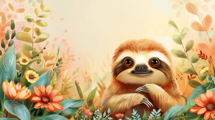 Cute smiling sloth in a colorful floral setting, promoting happiness and joy in children's art