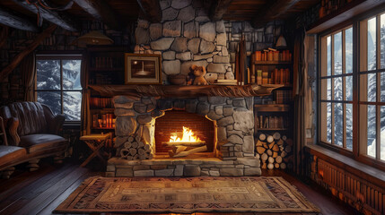 Fototapeta na wymiar Photo of Living Room With Fireplace and Rug