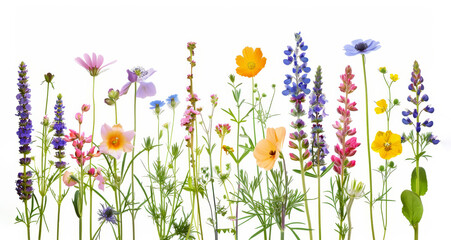 Variety of colorful meadow flowers isolated on white background