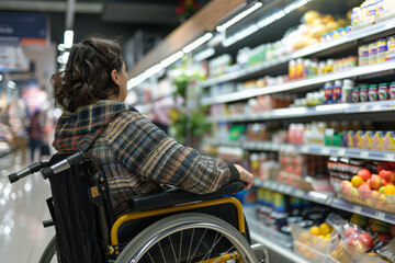 Wheelchair User Selecting Products from Grocery Store Shelf in Aisle