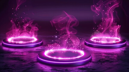 Futuristic pink hologram portals on dark background emitting neon light and particles
