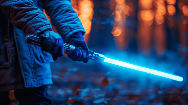 Jedi holding a blue lightsaber in a forest with glowing lights