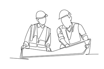 Continuous one line drawing smart young manager listening construction concept presentation from architect. Building architecture business concept. Single line draw design vector graphic illustration