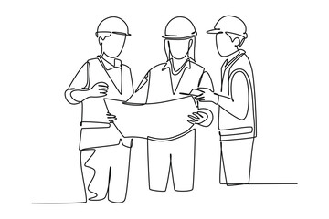 Continuous one line drawing attractive young architect discussing construction design with foreman manager. Building architecture business concept. Single line draw design vector graphic illustration
