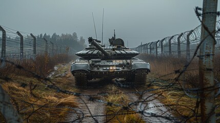 A tank is parked on the grass in front of a barbed wire fence covered with barbed wire and meters of sharp blades. Generative AI.