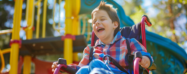 Happy Child in Wheelchair Playing at a Colorful Accessible Playground