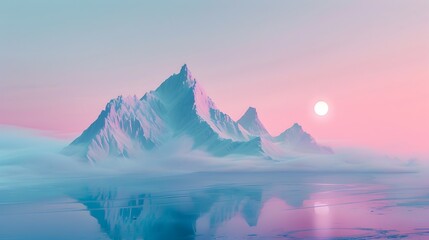 Surreal Floating Mountain Landscape at Dazzling Dusk Against Dreamy Pastel Gradient Backdrop