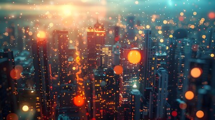 Captivating Aerial View of Dreamy Cityscape at Dusk with Twinkling Lights and Blurred Skylines