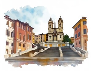 Obraz premium Spanish Steps in Rome. Isolated watercolor illustration on white background