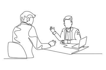 Single one line drawing of two young businessmen exploring new business and discussing agreement to merge their business. Business deal concept. Continuous line draw design graphic vector illustration