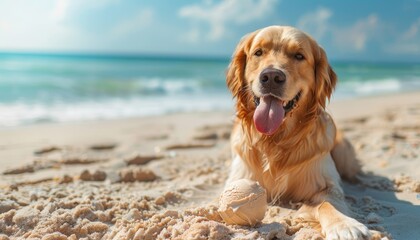 A dog is laying on the beach with a ball in its mouth by AI generated image