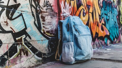 Fototapeta na wymiar A blank, light blue denim backpack leaning against a graffiti-covered urban wall, embodying a youthful spirit. 32k, full ultra hd, high resolution