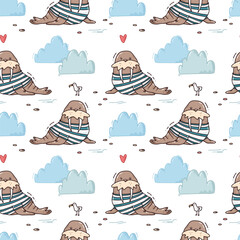 bright seamless pattern with walrus and seagull