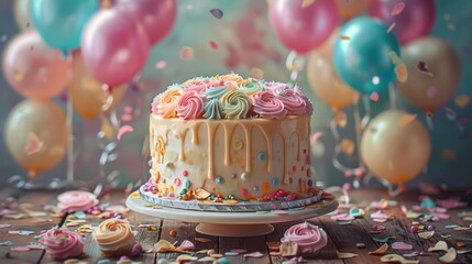 A beautifully decorated birthday cake Decorated with pastel and an intricate floral pattern. The background has a lively celebration with colorful balloons. Generative AI. - Powered by Adobe
