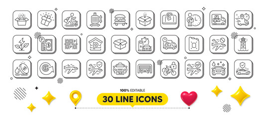 Parking, Opened box and Parking place line icons pack. 3d design elements. Hand baggage, Get box, Delivery man web icon. Delivery, Eco power, Taxi pictogram. Vector
