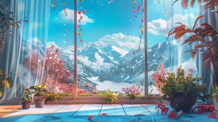home with a huge centre open window view of the nature, lots of snowy mountains through the distance, bright blue sky with fluffy fantasy clouds