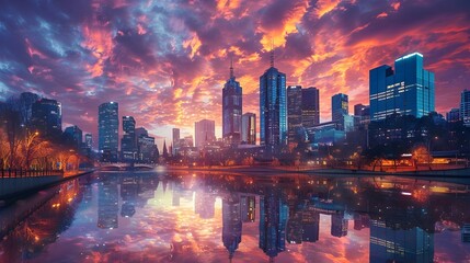 Obraz premium Majestic Cityscape Against Fiery Sunset Sky Reflected in Tranquil River Below