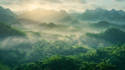 Majestic Misty Mountain Landscape at Sunrise with Lush Green Valleys Beneath