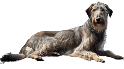 Regal Irish Wolfhound lying down gracefully on a transparent background