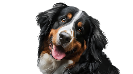 Playful Bernese Mountain Dog with a happy expression on a transparent background view