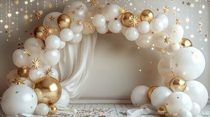 3d arched garland with balloons in pearl white, gold and white colors with stars , big balloons on the floor, backdrop for photoshoot, modern style, studio lighting. Generative AI.