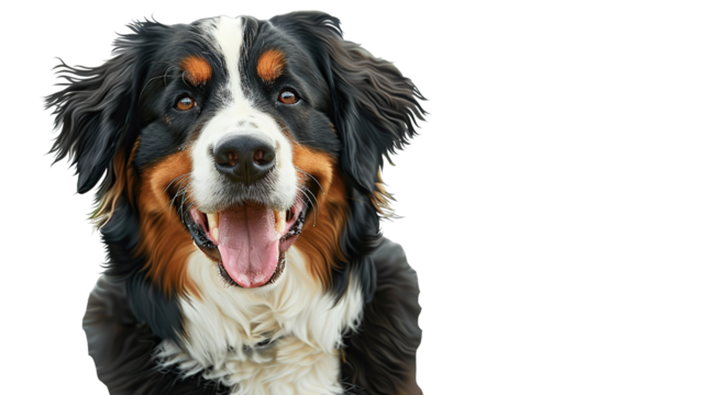 Playful Bernese Mountain Dog with a happy expression on a transparent background view