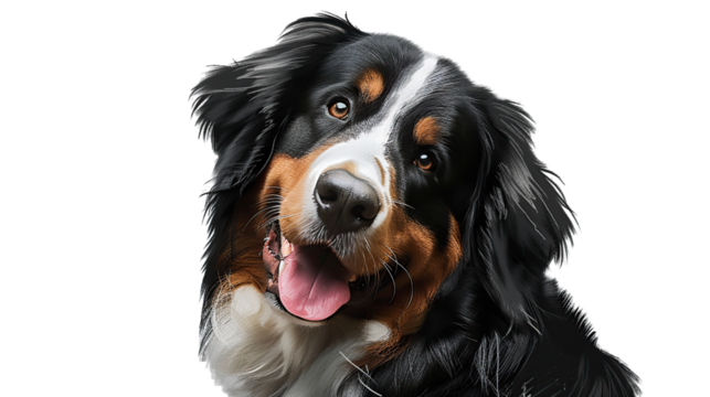 Playful Bernese Mountain Dog with a happy expression on a transparent background view