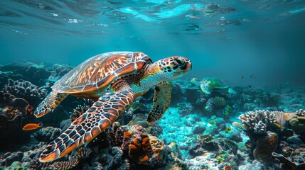 Fototapeta premium green turtle swimming in blue ocean,great barrier reef. 