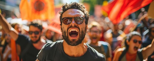 Angry protest on a hot day, banners waving, crowd in midchant, captured in a dramatic photojournalistic style