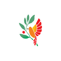 colorful bird logo design, carrying a leaf in its mouth