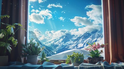 home with a huge centre open window view of the nature, lots of snowy mountains through the distance, bright blue sky with fluffy fantasy clouds