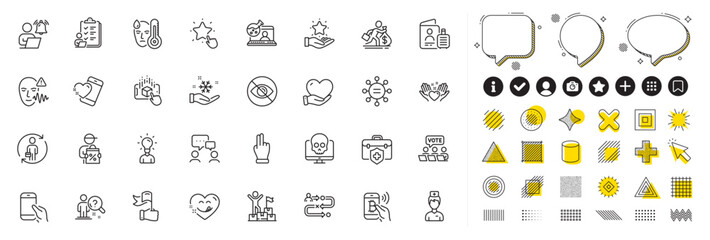 Set of Leadership, Bitcoin pay and Doctor line icons for web app. Design elements, Social media icons. People chatting, Volunteer, Cyber attack icons. Vector