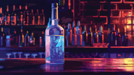 Bottle of cold vodka on table in bar Vector illustration