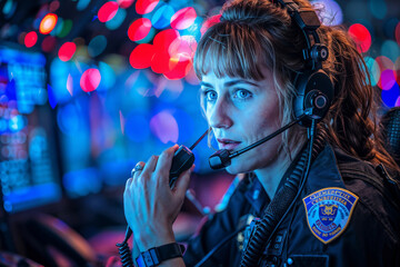 Female 911 operator on phone handling emergency calls in busy police office setting