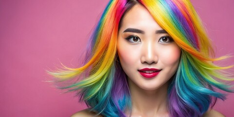 beautiful young thai woman with colorful hair smiling face space for text colored backgrounds