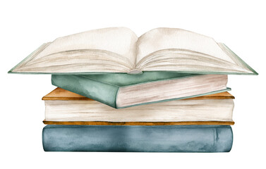 Set of books watercolor illustration isolated on white background. Open books brown green colors. Stack of books clipart. Vintage old textbooks watercolor hand drawn. minimalist style design