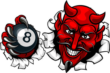 A devil angry mean pool billiards mascot cartoon character holding a black 8 ball.