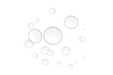 Realistic water drops on transparent background. Natural water droplet isolated on white. Summer product design element, PNG. Vector illustration