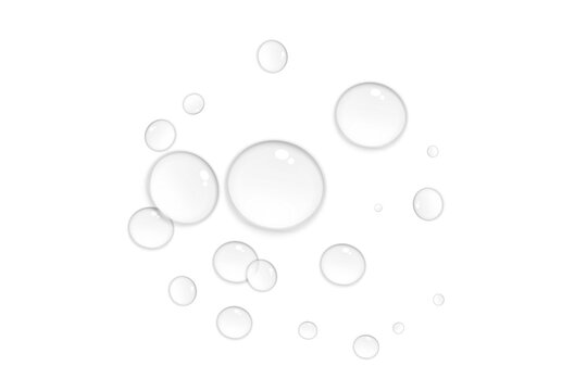 Realistic water drops on transparent background. Natural water droplet isolated on white. Summer product design element, PNG. Vector illustration