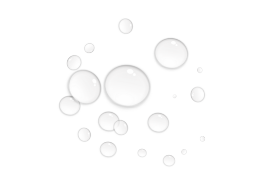 Realistic water drops on transparent background. Natural water droplet isolated on white. Summer product design element, PNG. Vector illustration