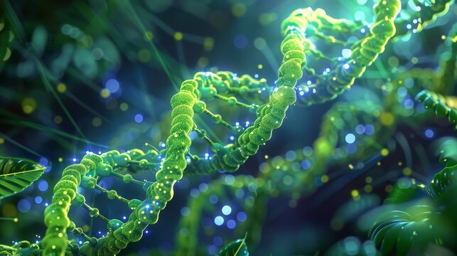 A vibrant 3D rendering of chloroplast DNA, shown within the chloroplasts of a plant cell. The background features a detailed representation of plant cell structures. Generative AI.