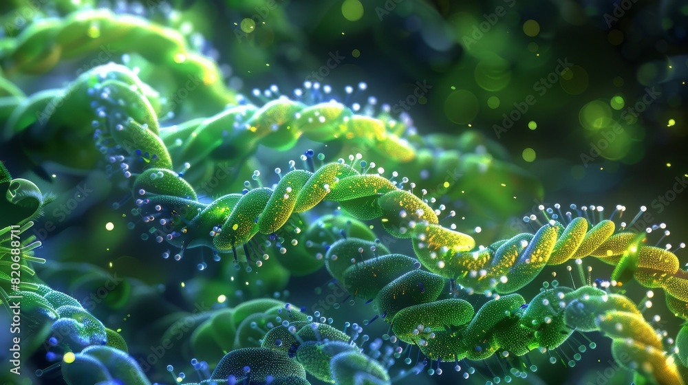 Poster a vibrant 3d rendering of chloroplast dna, shown within the chloroplasts of a plant cell. the backgr