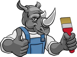 A rhino painter decorator cartoon animal mascot holding a paintbrush peeking around a sign and giving a thumbs up