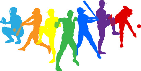 Silhouette baseball or softball player set. Active sports people healthy players fitness silhouettes concept.