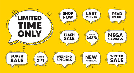 Offer speech bubble icons. Limited time tag. Special offer sign. Sale promotion symbol. Limited time chat offer. Speech bubble discount banner. Text box balloon. Vector