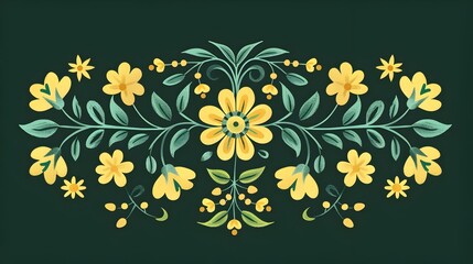 Minimalist Scandinavian Folk Art: Symmetrical Green and Yellow Flower Ornament